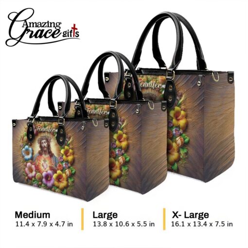 Colorful Flowers Jesus Sacred Heart Christian - Leather Handbag M - Image 10