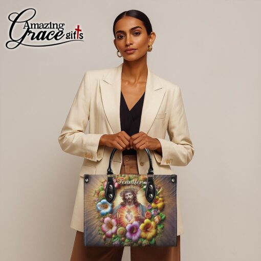 Colorful Flowers Jesus Sacred Heart Christian - Leather Handbag M - Image 2