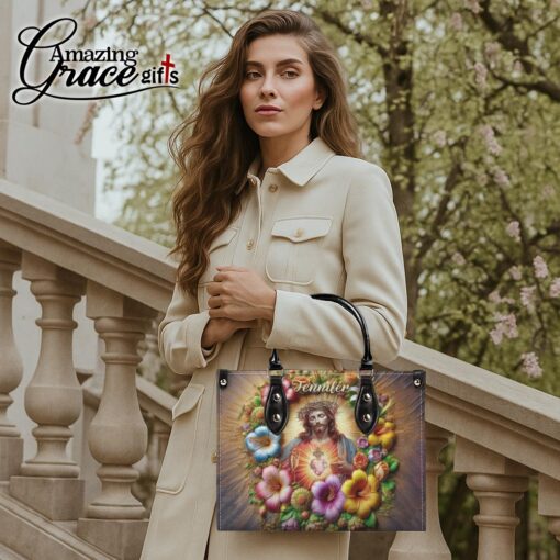 Colorful Flowers Jesus Sacred Heart Christian - Leather Handbag M - Image 3