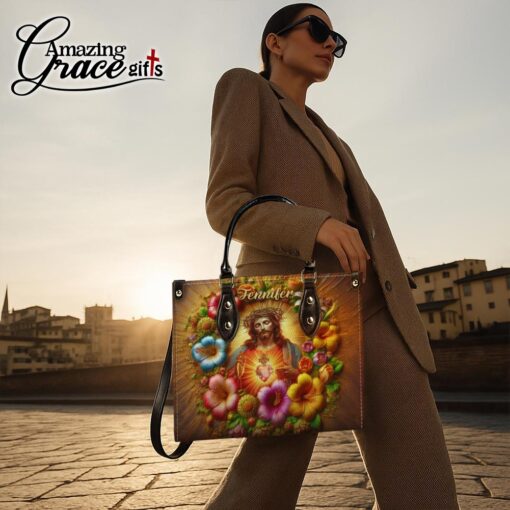 Colorful Flowers Jesus Sacred Heart Christian - Leather Handbag M - Image 4