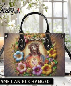 Colorful Flowers Jesus Sacred Heart Christian - Leather Handbag L