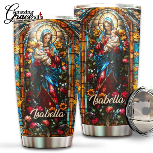 Grained Glass Virgin Mary Jesus Christ's Mother - Stainless Steel Tumbler 20oz - Image 2