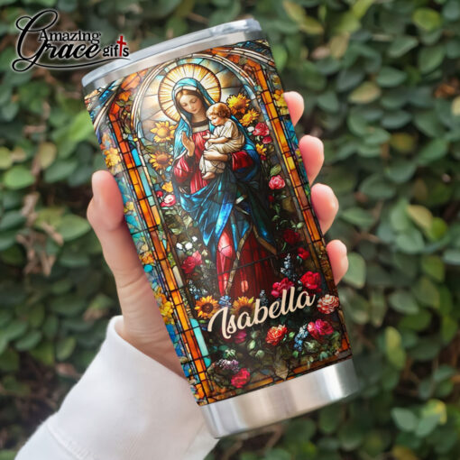 Grained Glass Virgin Mary Jesus Christ's Mother - Stainless Steel Tumbler 20oz - Image 3