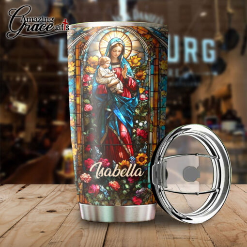 Grained Glass Virgin Mary Jesus Christ's Mother - Stainless Steel Tumbler 20oz - Image 4