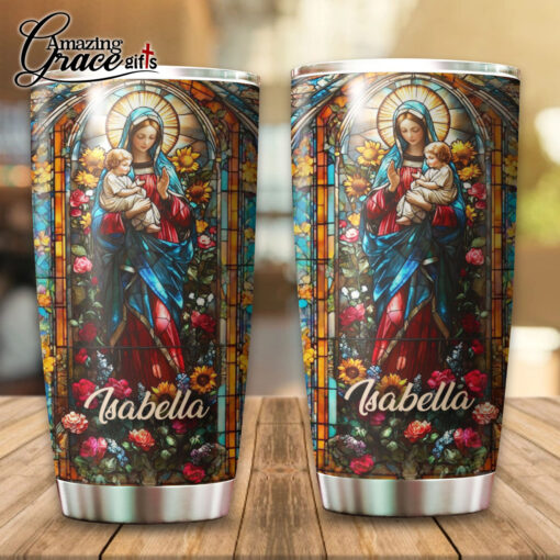Grained Glass Virgin Mary Jesus Christ's Mother - Stainless Steel Tumbler 20oz - Image 5