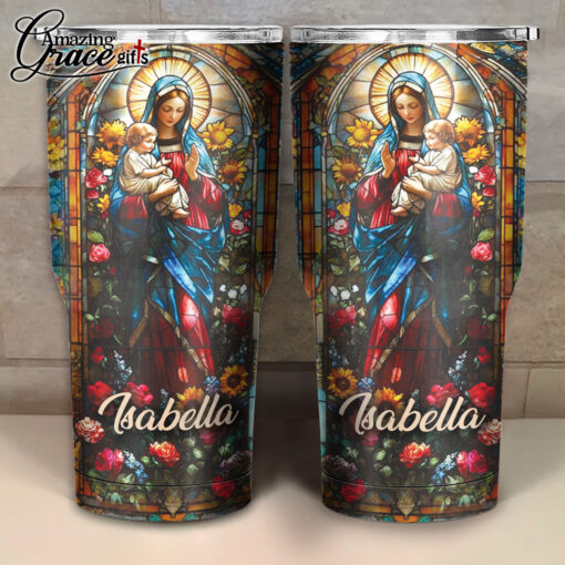 Grained Glass Virgin Mary Jesus Christ's Mother - Stainless Steel Tumbler 30oz - Image 3