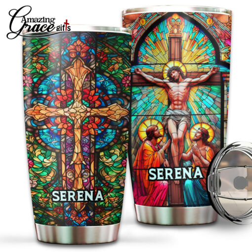 Grained Glass Jesus Christ Cross  - Stainless Steel Tumbler 20oz - Image 2
