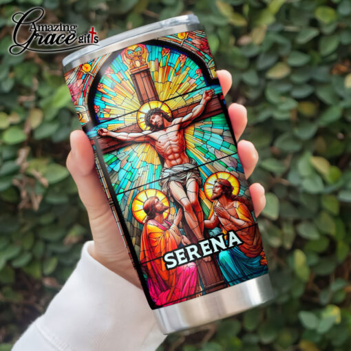 Grained Glass Jesus Christ Cross  - Stainless Steel Tumbler 20oz - Image 3