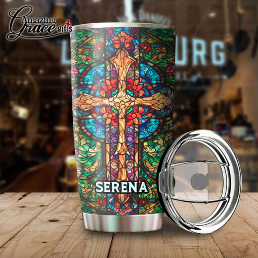 Grained Glass Jesus Christ Cross  - Stainless Steel Tumbler 20oz - Image 4