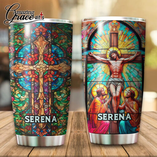 Grained Glass Jesus Christ Cross  - Stainless Steel Tumbler 20oz - Image 5