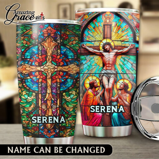 Grained Glass Jesus Christ Cross  - Stainless Steel Tumbler 20oz