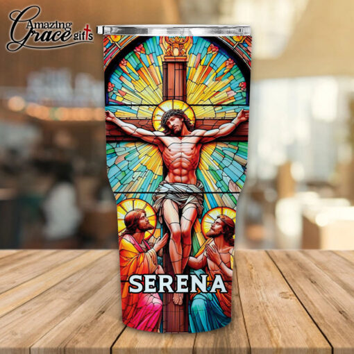 Grained Glass Jesus Christ Cross  - Stainless Steel Tumbler 30oz - Image 2