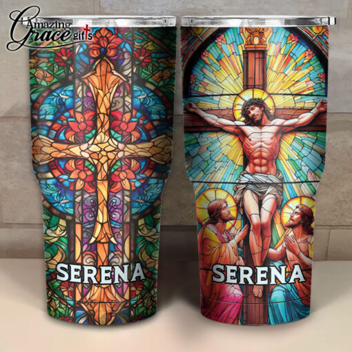 Grained Glass Jesus Christ Cross  - Stainless Steel Tumbler 30oz - Image 3