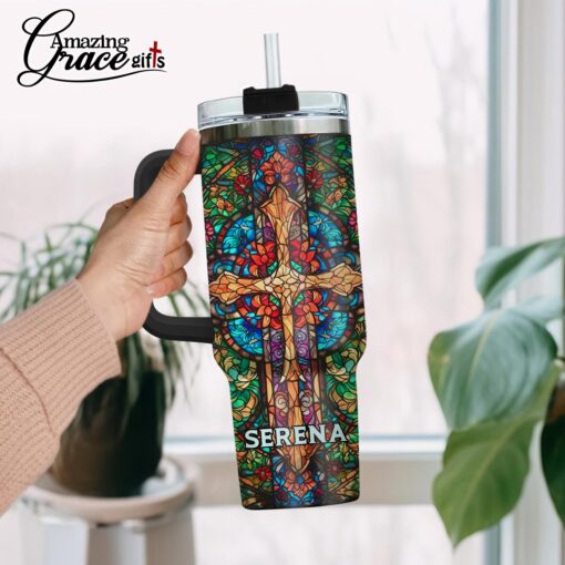 Grained Glass Jesus Christ Cross  - Stainless Steel Tumbler 40oz - Image 2