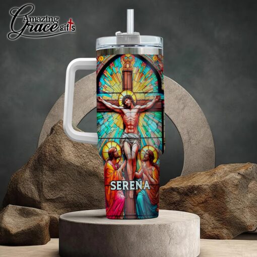 Grained Glass Jesus Christ Cross  - Stainless Steel Tumbler 40oz - Image 3
