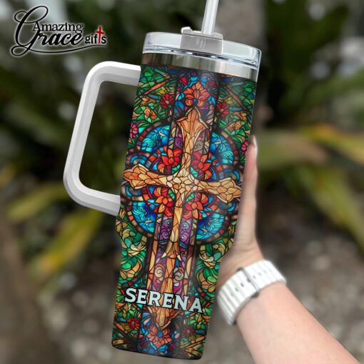 Grained Glass Jesus Christ Cross  - Stainless Steel Tumbler 40oz - Image 4