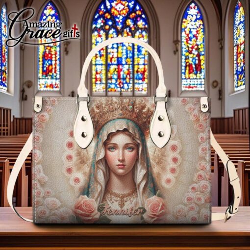 Rose Flower Virgin Mary Grace Jesus Christ's Mother - Leather Handbag M - Image 8