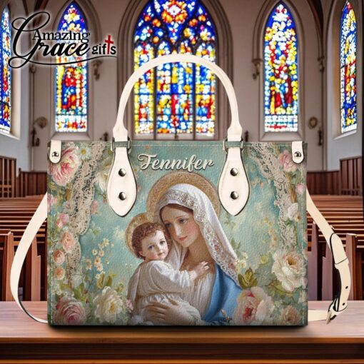 Flowers Virgin Mary Christ's Mother Holding Baby Jesus - Leather Handbag XL - Image 8