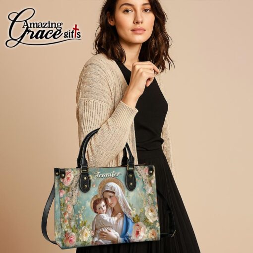 Flowers Virgin Mary Christ's Mother Holding Baby Jesus - Leather Handbag XL - Image 5