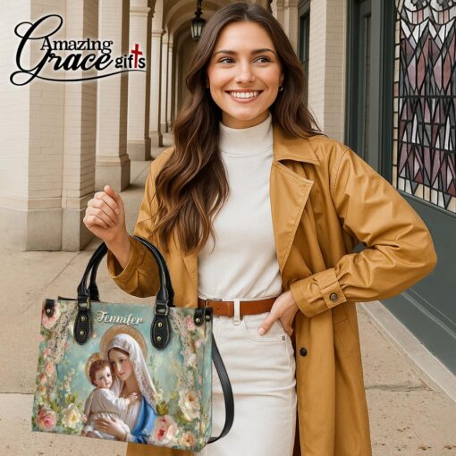 Flowers Virgin Mary Christ's Mother Holding Baby Jesus - Leather Handbag XL - Image 6