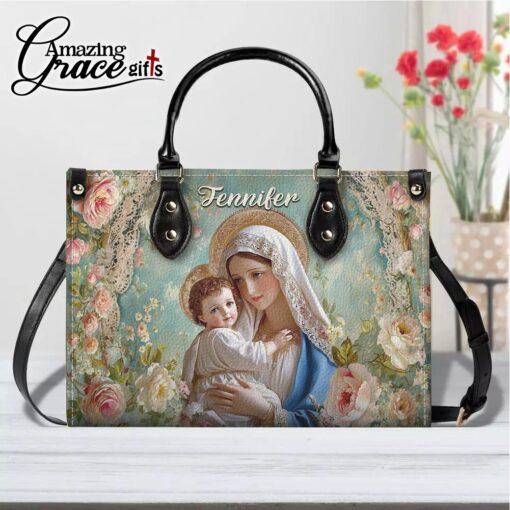 Flowers Virgin Mary Christ's Mother Holding Baby Jesus - Leather Handbag XL - Image 9