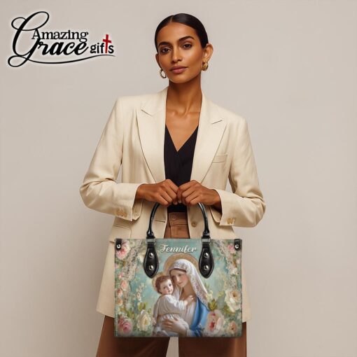 Flowers Virgin Mary Christ's Mother Holding Baby Jesus - Leather Handbag XL - Image 2