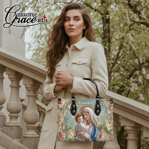 Flowers Virgin Mary Christ's Mother Holding Baby Jesus - Leather Handbag XL - Image 3