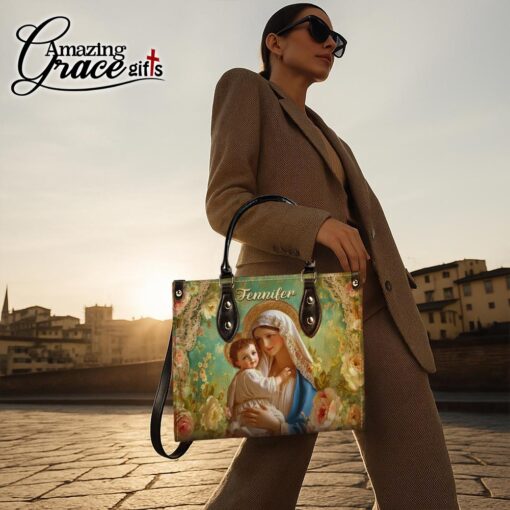 Flowers Virgin Mary Christ's Mother Holding Baby Jesus - Leather Handbag XL - Image 4
