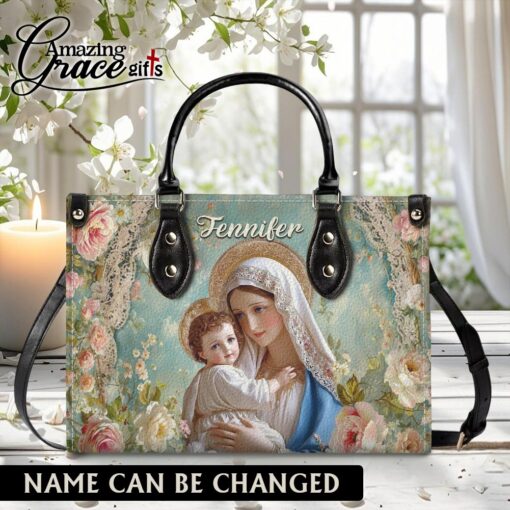 Flowers Virgin Mary Christ's Mother Holding Baby Jesus - Leather Handbag XL
