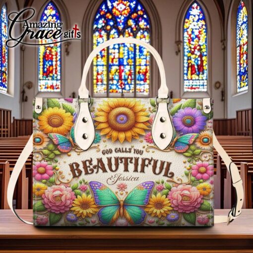 Colorful Butterfly Flower God Calls You Beautiful Christian - Leather Handbag XL - Image 8