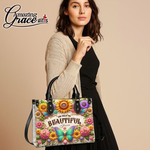 Colorful Butterfly Flower God Calls You Beautiful Christian - Leather Handbag XL - Image 5