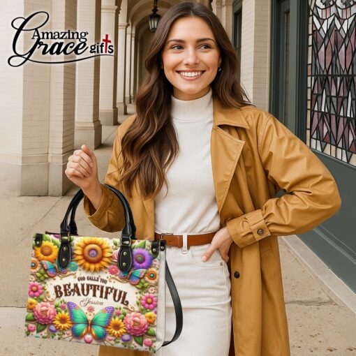 Colorful Butterfly Flower God Calls You Beautiful Christian - Leather Handbag XL - Image 6
