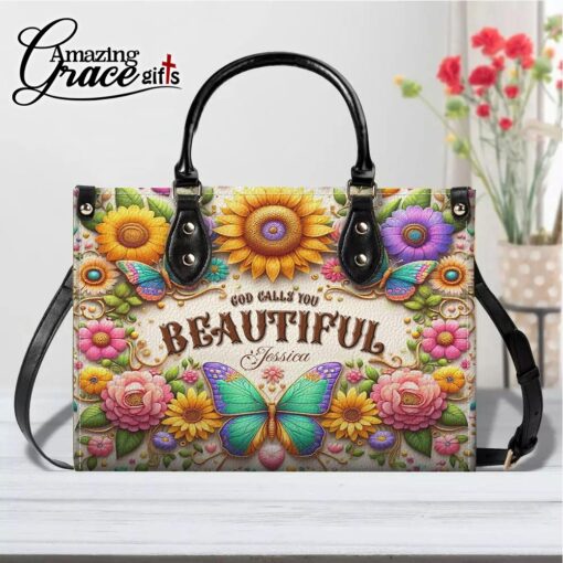 Colorful Butterfly Flower God Calls You Beautiful Christian - Leather Handbag XL - Image 9