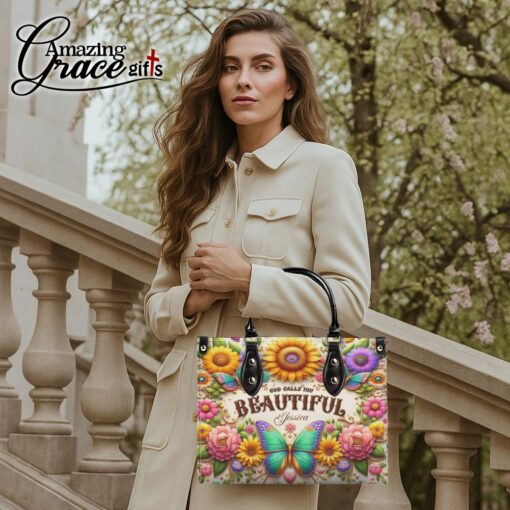 Colorful Butterfly Flower God Calls You Beautiful Christian - Leather Handbag XL - Image 3