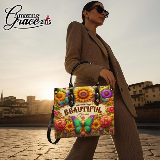 Colorful Butterfly Flower God Calls You Beautiful Christian - Leather Handbag XL - Image 4