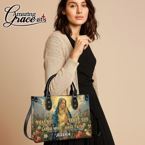 Virgin Mary Pray Big Worry Small Trust God Have Faith - Leather Handbag XL - Image 5