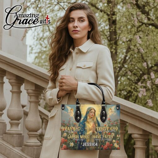 Virgin Mary Pray Big Worry Small Trust God Have Faith - Leather Handbag XL - Image 3