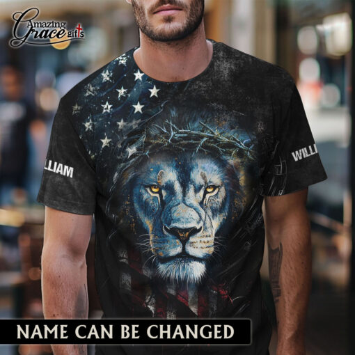 American Flag Jesus Lion Patriotic Christian - T-Shirt
