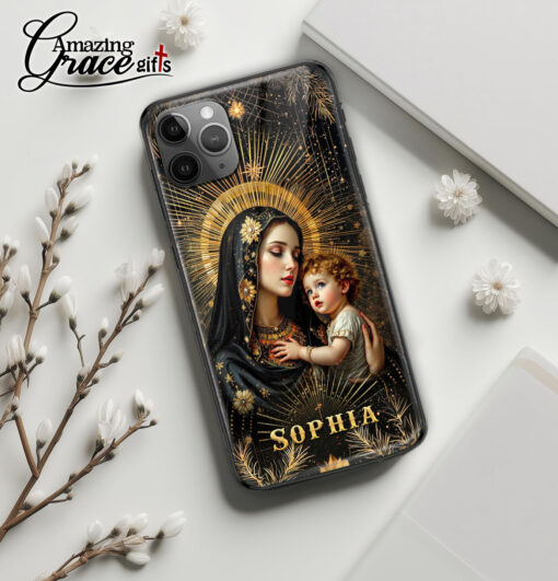 Holy Mary Holding Baby Jesus Christ - Glass Phone Case - Image 2