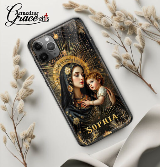 Holy Mary Holding Baby Jesus Christ - Glass Phone Case - Image 3