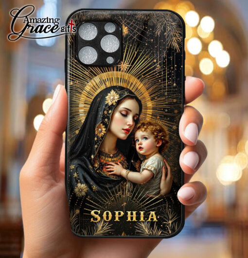 Holy Mary Holding Baby Jesus Christ - Glass Phone Case - Image 4