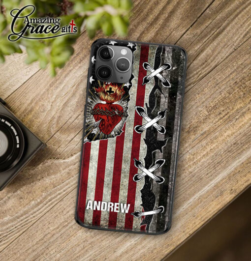 American Flag Jesus Christ Sacred Heart - Glass Phone Case - Image 2