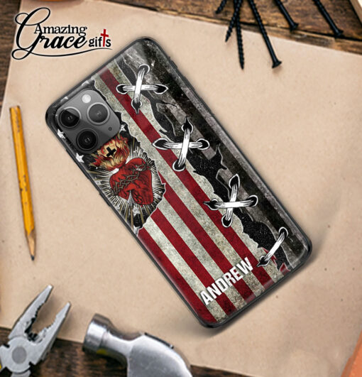 American Flag Jesus Christ Sacred Heart - Glass Phone Case - Image 3