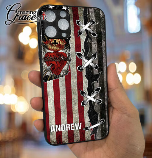 American Flag Jesus Christ Sacred Heart - Glass Phone Case - Image 4