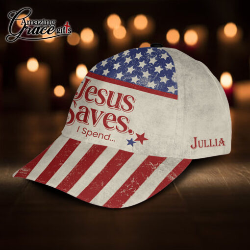 Funny American Flag Jesus Saves I Spend - Classic Cap - Image 2