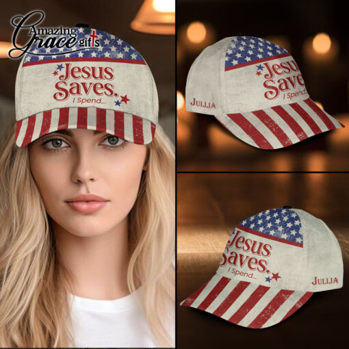 Funny American Flag Jesus Saves I Spend - Classic Cap - Image 3