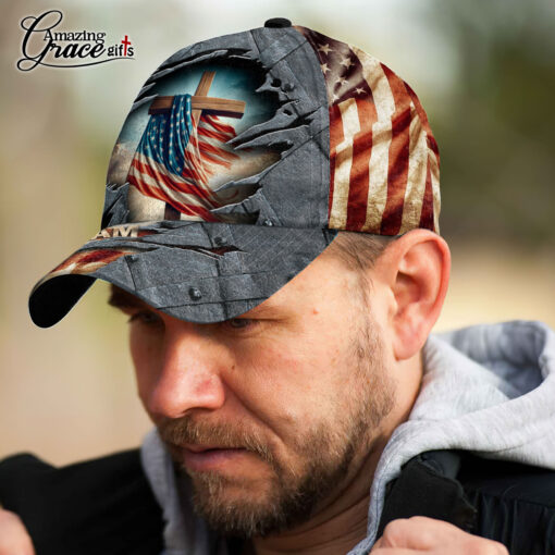 American Flag Jesus Christ Cross Patriotic Christian - Classic Cap - Image 5