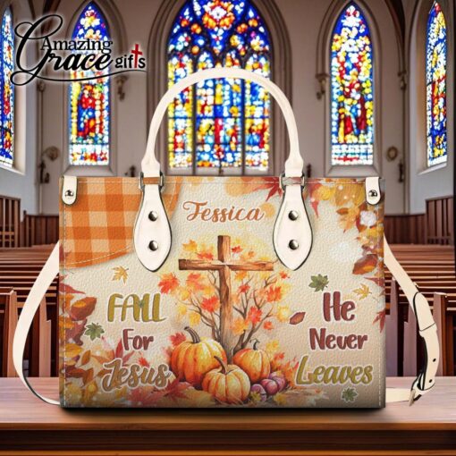 Autumn Jesus Cross Pumpkins Fall For Jesus He Never Leaves - Leather Handbag M - Image 8