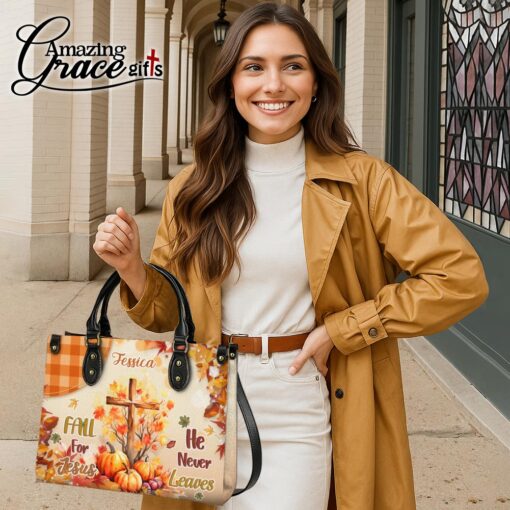 Autumn Jesus Cross Pumpkins Fall For Jesus He Never Leaves - Leather Handbag M - Image 6