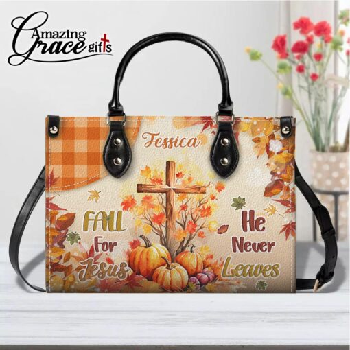 Autumn Jesus Cross Pumpkins Fall For Jesus He Never Leaves - Leather Handbag M - Image 9